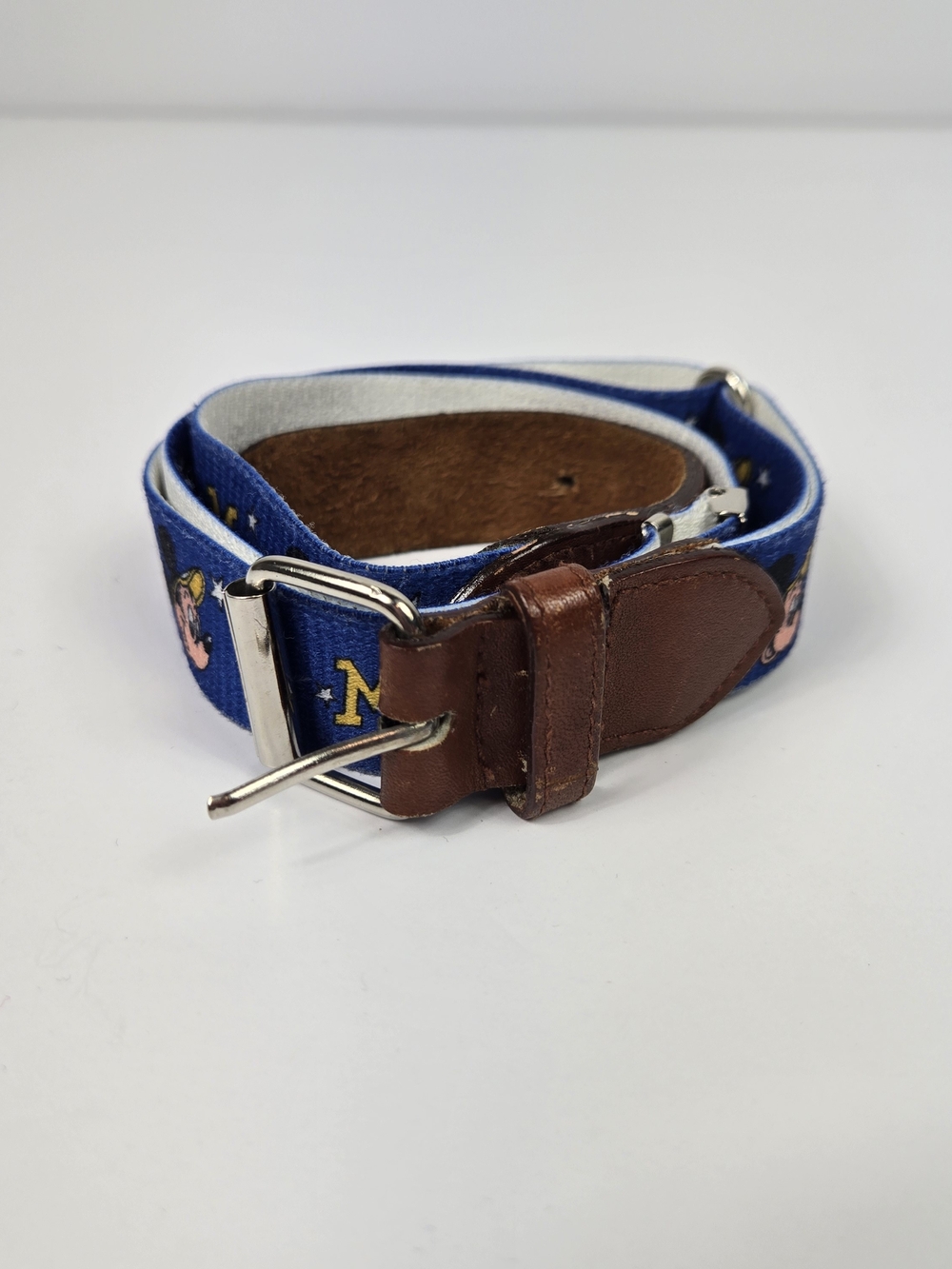 Vintage Disney Mickey Mouse Kids Adjustable Belt Blue Leather Trim Collegiate